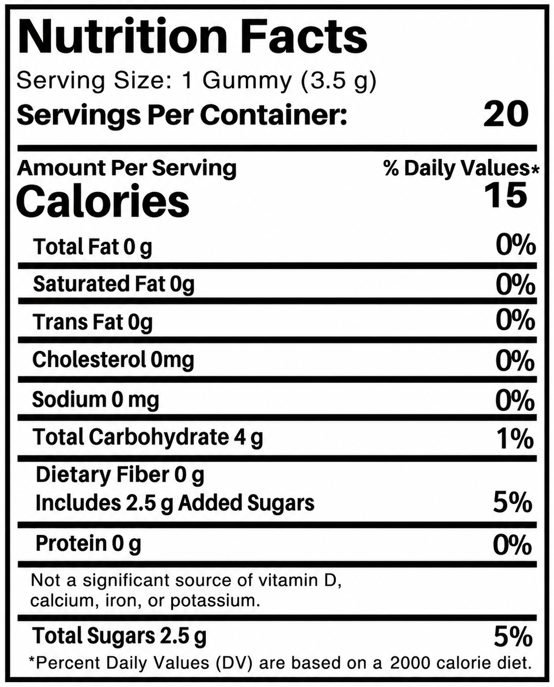 Nutrition Facts - Serving size 1 gummy (3.5g), 20 servings per container, 15 calories per serving
