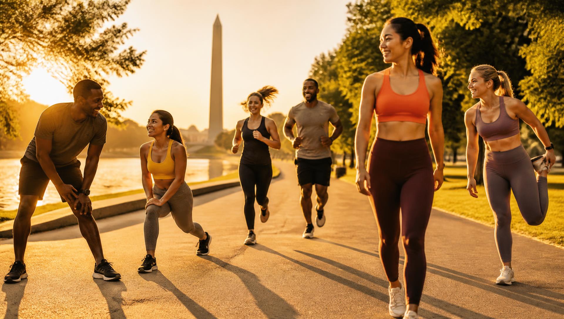 Active community members stretching and running along a sunlit path in Washington DC